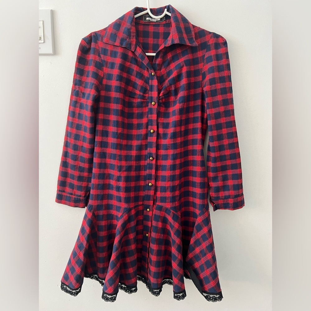 Stylish Red and Blue Plaid Dress with Lace Trim